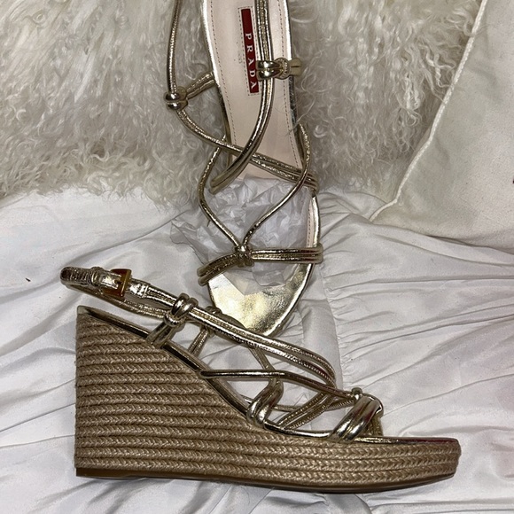 PRADA Gold Leather Strappy Wedged Sandals-39.5 - Picture 2 of 14